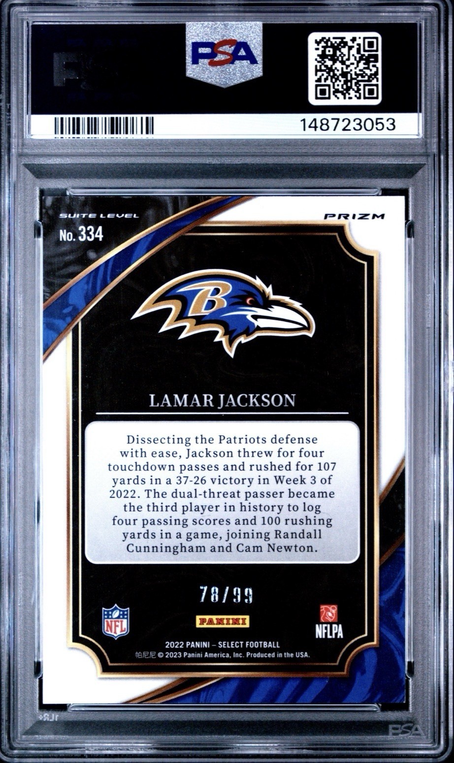 2022 Panini Select Suite Level Blue Prizm /99 Lamar Jackson PSA 9 Pop 7 Rare! view 2