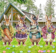 4 Pcs Easter Decorations Outdoor Yard Signs Large Metal Vintage Bunny with Ca...