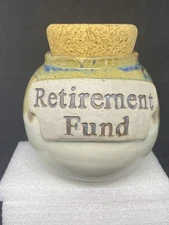 Tumbleweed Pottery Stoneware Retirement Fund Stash Jar w/ cork lid drip glazed