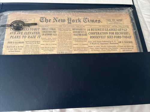Vintage RARE 1938 New York Times Newspapers Authentic COA paper & Protector Case - Picture 9 of 10
