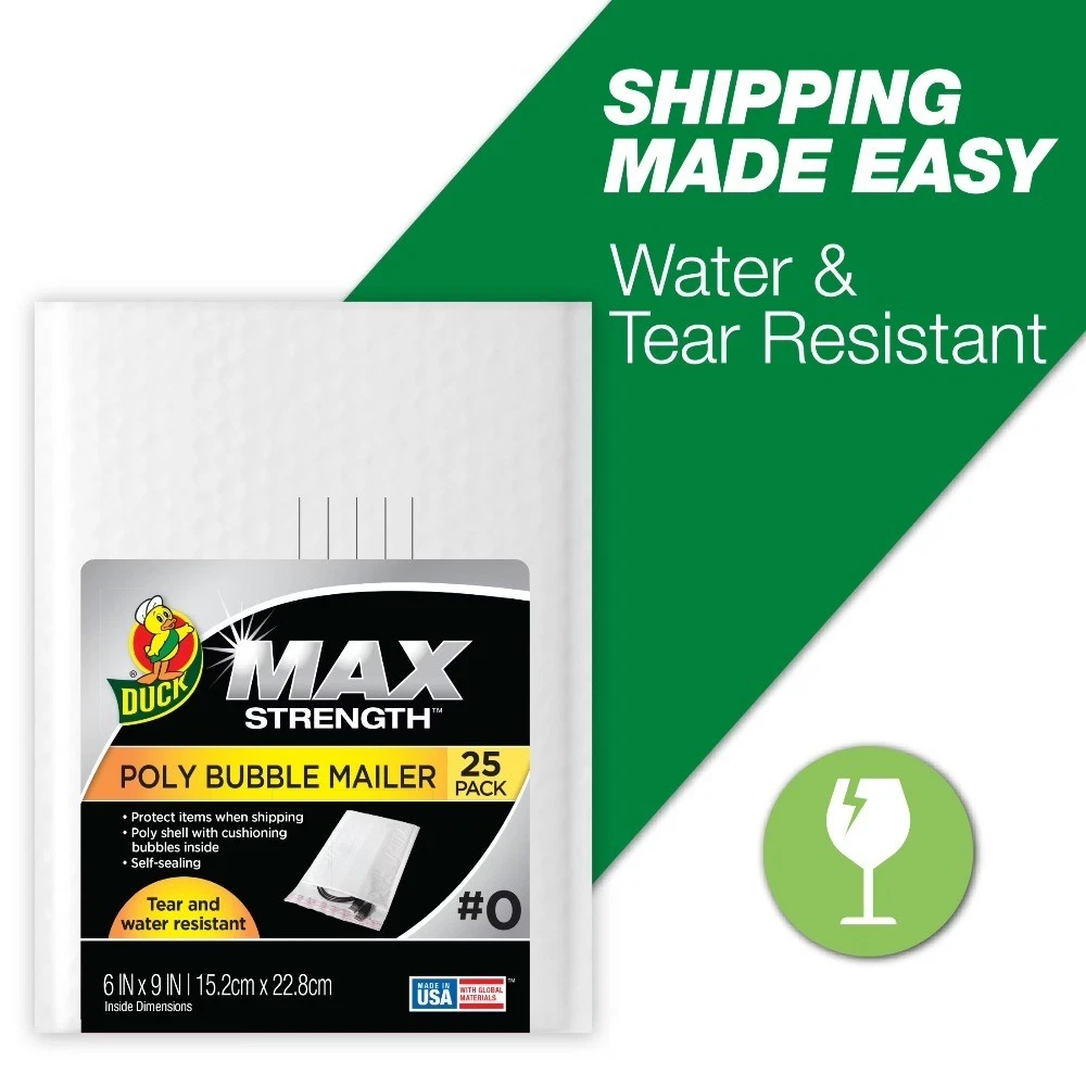 Self-Sealing Poly Bubble Mailer #0, 6 x 9, Solid White, 25 Pack, Max Strength