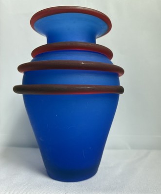 Vintage 5 -Franco Moretti Satin Blue and Coral Striped Murano Glass Vase, 1990s!