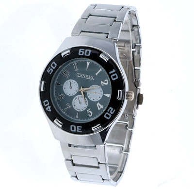 Vintage Geneva Black Acrylic & Silver Tone Metal Link Women's Watch