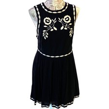 Black Embroidered Bird Floral Dress Sleeveless Festival Boho Chic, SZ 10