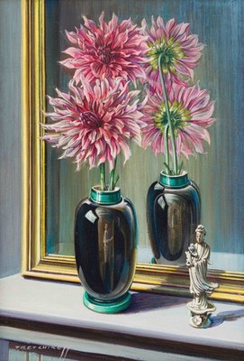 Vladimir Tretchikoff - Dahlien Reflexionen elegantes Blumenstillleben Mid Century