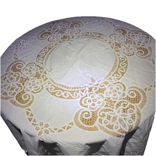 VTG Hand Embroidered Crocheted Lace Floral round white Tablecloth frm germany