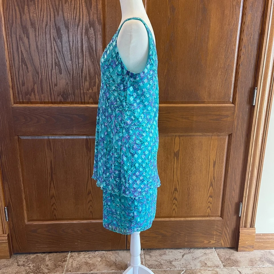 Vestido y chaqueta midi vintage para mujer talla 14P azul turquesa geométrica años 80 almohadillas Foto 3 de 4