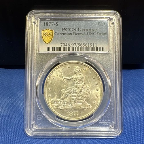 1877-S TRADE DOLLAR PCGS GOLD SHIELD UNC DETAILS RARE COIN