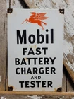 VINTAGE MOBIL PORCELAIN SIGN OLD 12" GAS STATION GARAGE BATTERY CHARGER TESTER