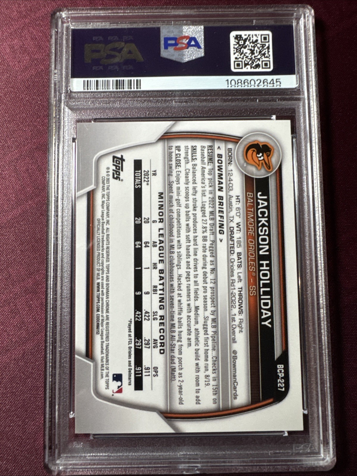 Jackson Holliday 2023 Bowman Chrome Sapphire PSA 10 Rookie Card Orange /75 view 2