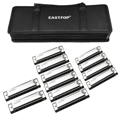 EASTTOP 10Hole Blues Harp Diatonic Mouth Organ Set 12 Keys for Adult Student Kid