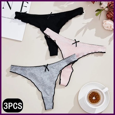 3Pcs Women's Thong Low-rise Panties Solid Color Cotton Lingerie Sexy Thongs