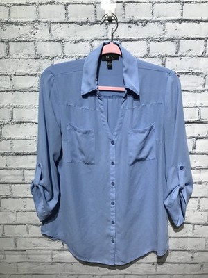 BCX, Women L, Light Blue Sheer Long Sleeve Chiffon Button Front Top/Shirt
