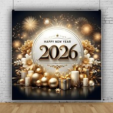 Happy New Year Backdrop 12x10ft Glitter Champagne Gold Wall Decor Party Supplies