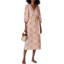 Madewell Linen-Blend Ruffle-Cuff Wrap Dress Pink Floral Dutch Dandelions Small