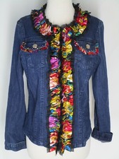 Nwot Berek Travelsmith Blue Denim Jacket Silky Floral Ruffle Trim S Sequins New