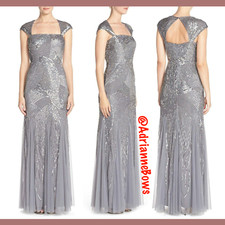 NEW Adrianna Papell Embellished Mesh Envelope Gown in Silver Grey SZ 4  N465