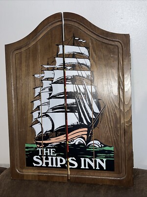 VTG 1970's THE SHIP”S INN Dartboard Wooden Case Bar Garage Man