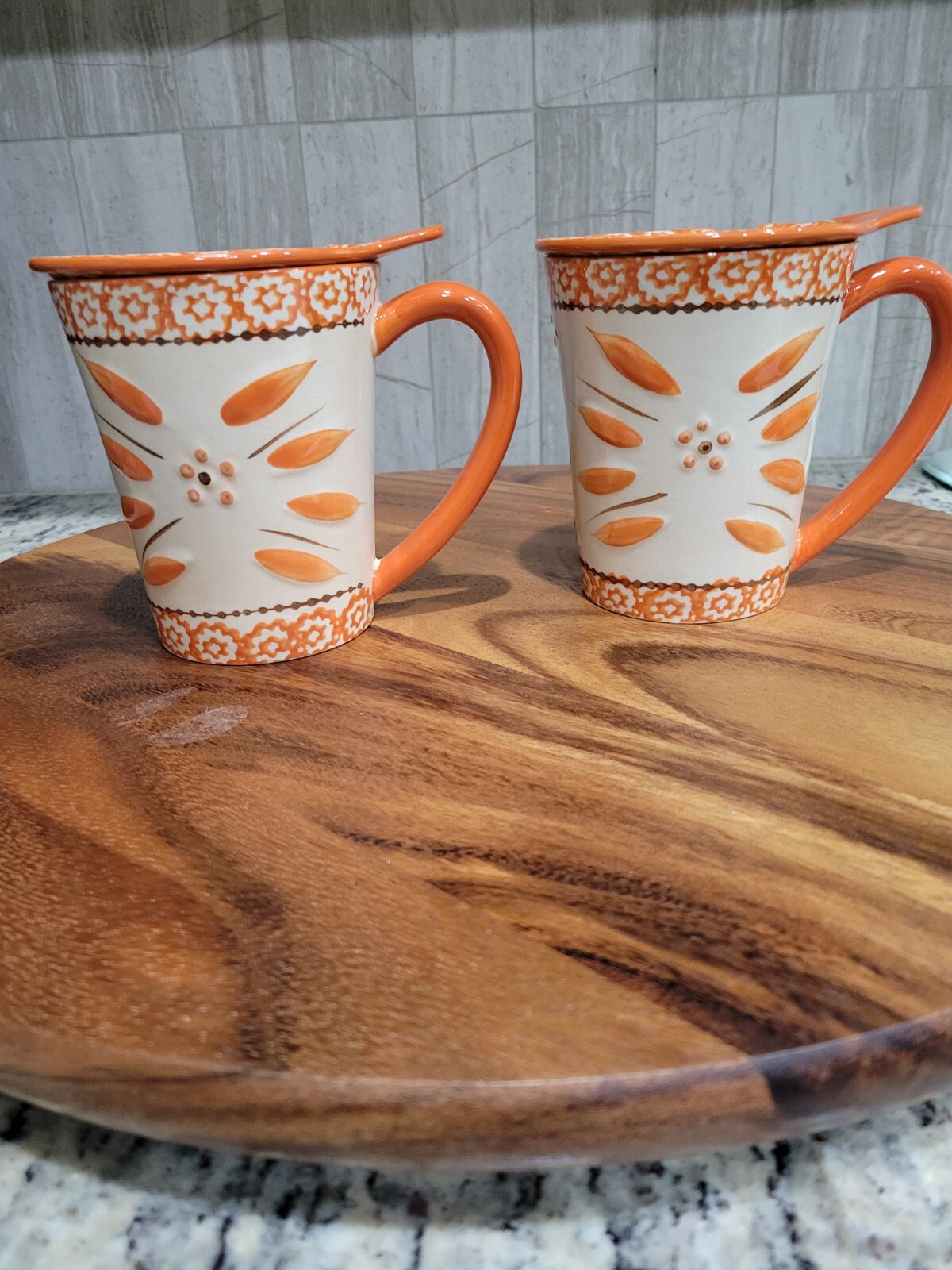 Temptations Hand Painted 14 oz. Mug & Coaster/Lid Set Old World Orange