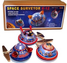 3 Flying Saucer Tin Toy Space Windup Set of 3