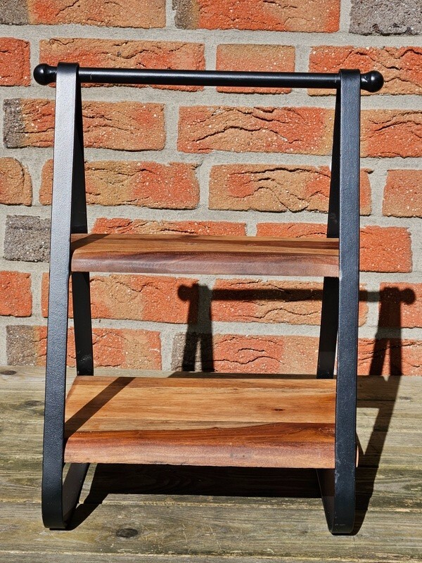 Beistelltisch Regal Teak Mango Massivholz Metall Schwarz mit 2 Ablagen Deko