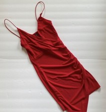PrettyLittleThing Red Mini Dress Bodycon Strappy Faux Wrap Asymmetric Hem SZ 0