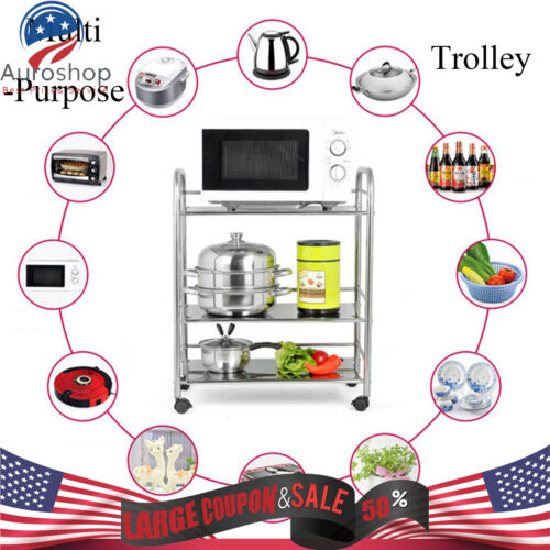 Carro de cocina con estante de 3 niveles de acero inoxidable con carro utilitario rodante de 4 ruedas - Imagen 6 de 12