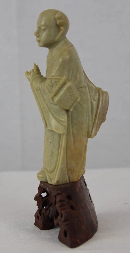 Estátua chinesa antiga/antiga esculpida à mão pedra-sabão homem asiático figura base de pedra - Imagem 4 de 4