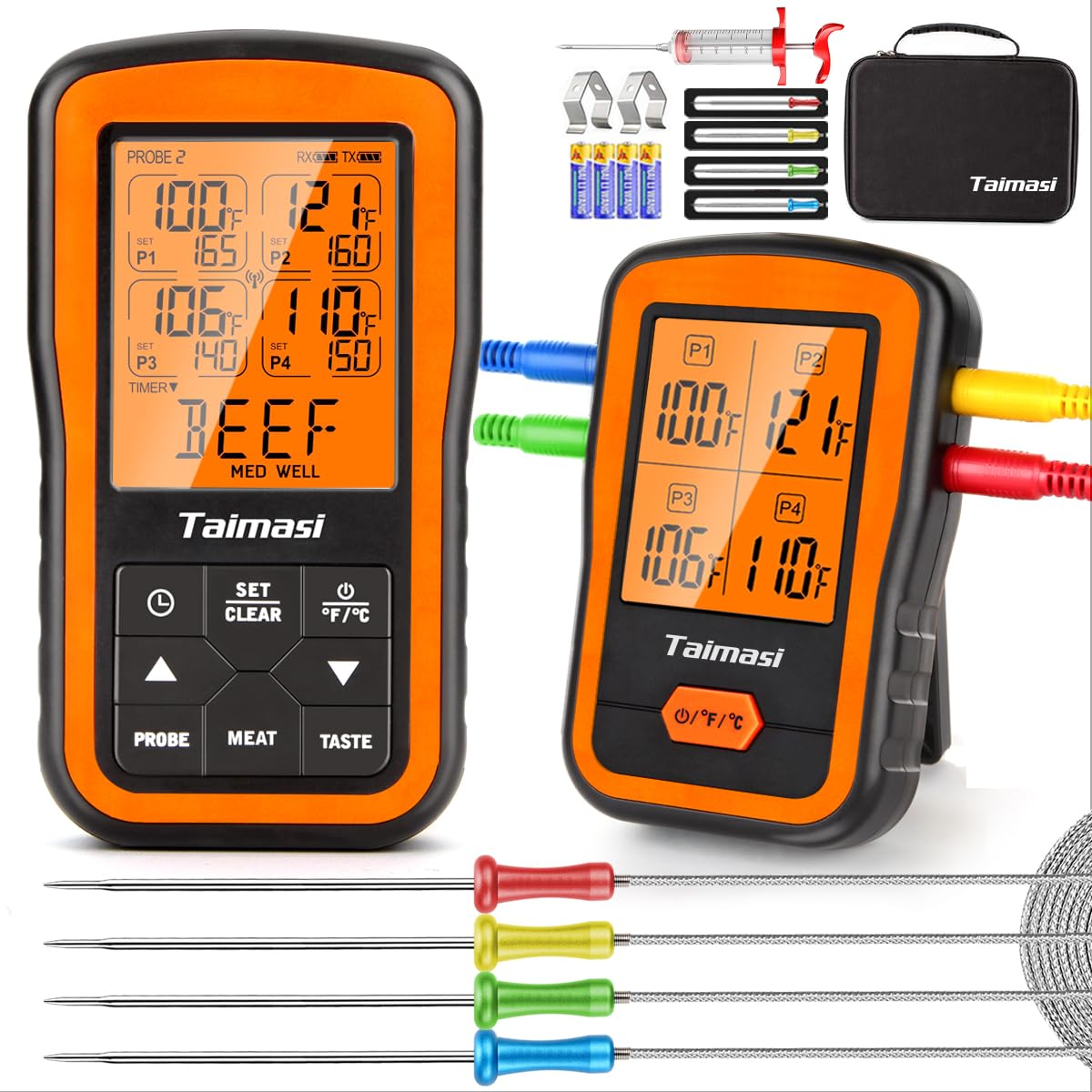 Wireless Digital Meat Thermometer with 4 Probes & Meat Injector, Upgraded 500FT