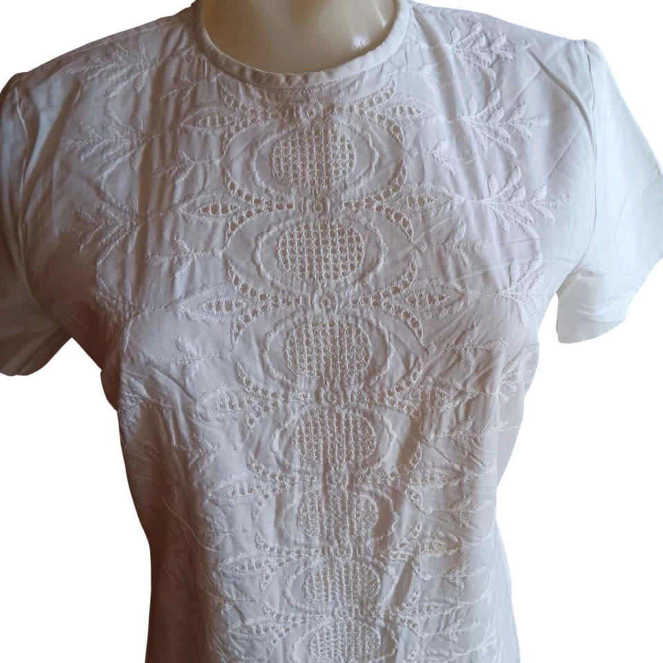 S/M Vestido Vaina Vintage Años 70 Blanco Bordado Manga Corta Cremallera Trasera Años 70 Foto 2 de 4