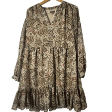 Vince Camuto Tan Paisley Print Lined Ruffled Hem Tunic Dress Size M