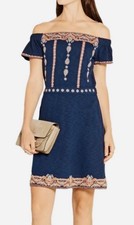 Tory Burch Nell Embroidered Navy Blue Off the Shoulder Fit and Flare Dress M