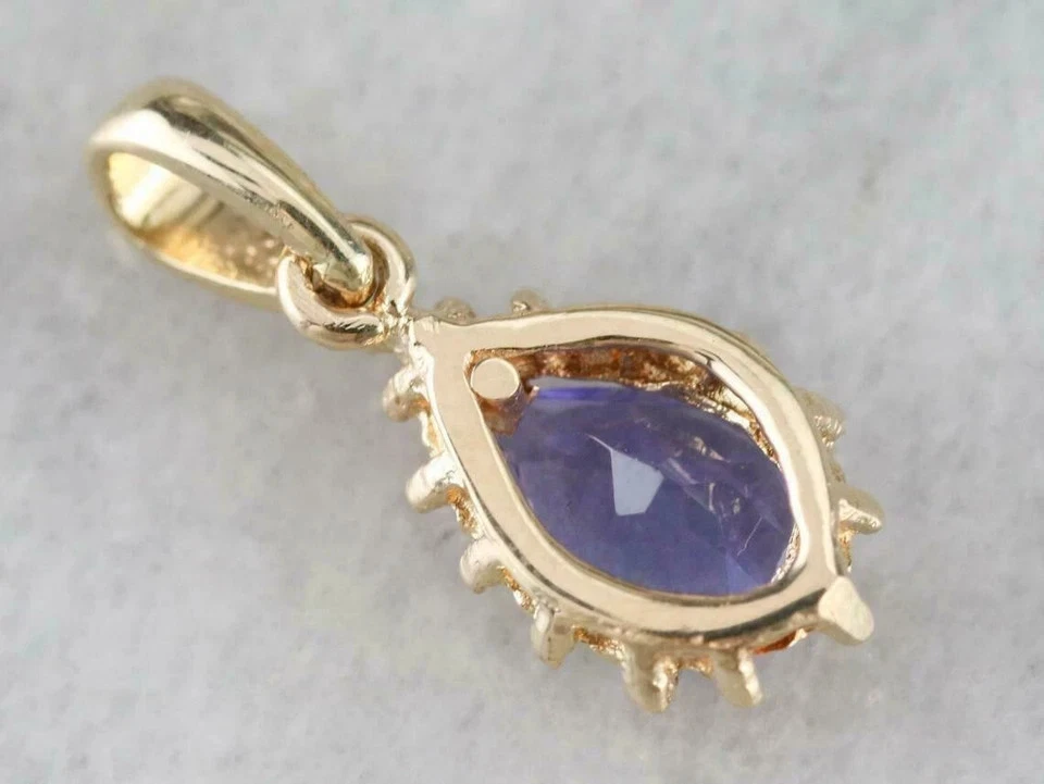 Кулон из желтого золота 14 карат с голубым танзанитом грушевидной огранки 2 карата бесплатная цепочка - Изображение 3 из 4