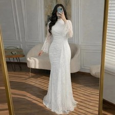 Lace Mermaid Wedding Dresses High Neck Bell Long Sleeves Sash Formal Bridal Gown