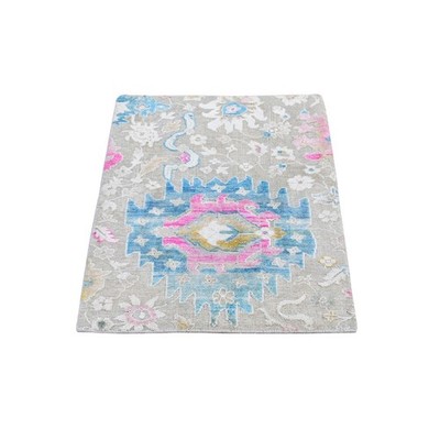 2'1''x3' Sari Silk with Textured Wool Oushak Influence Handknotted Mat Rug R66146