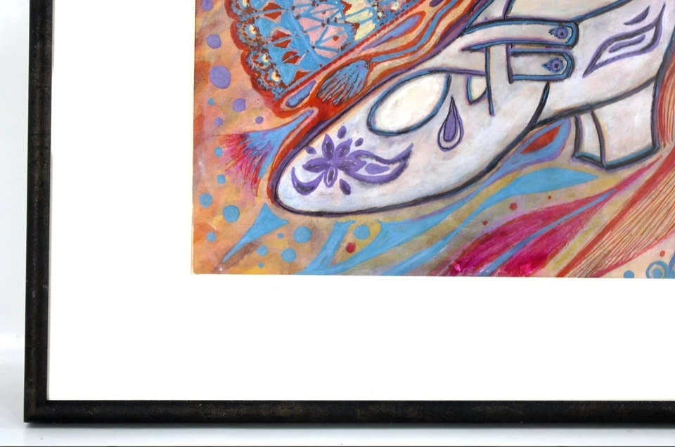 B. McCool (siglo XX) Dibujo Original Caprichoso Tacones y Flor de Pavo Real Foto 3 de 4