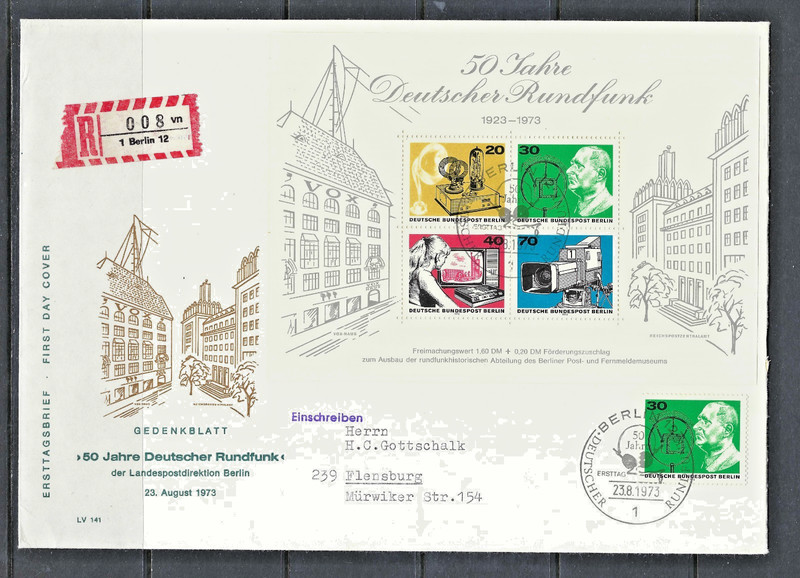 GERMANY BERLIN 1973 FDC #9N343 & 9N343b S/S 50th Anniv. Radio & TV Broadcasting