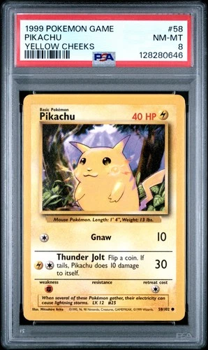 1999 POKEMON BASE SET UNLIMITED YELLOW CHEEKS #58 PIKACHU PSA 8