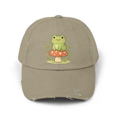 Unisex Distressed Hat Cute Frog Cottagecore Mushroom Art