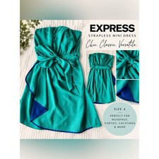 Express Strapless Teal Blue Faux Wrap Mini Dress Tie Waist Size 4 Y2K Cocktail