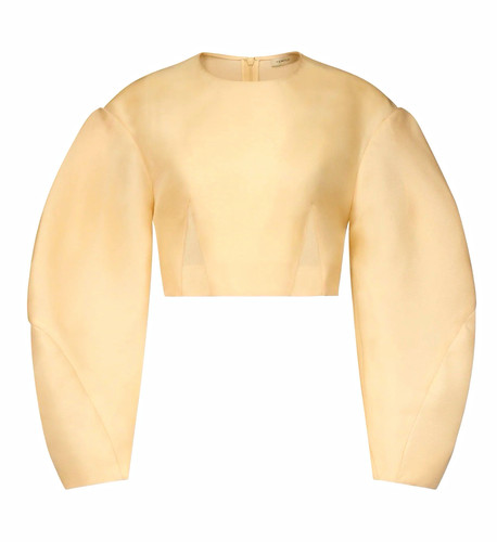 TEMILY Beige Silk Gazar Cropped Top Puff Long Sleeve Round Neck Zip S