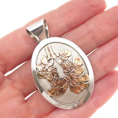 Island Delights Kona Hawaii 925 Sterling Silver 2-Tone Vintage Floral Pendant