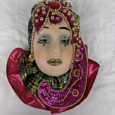 Porcelain Mardi Gras Mask, Wall Hanging, Adorned With Gold Colored Beads