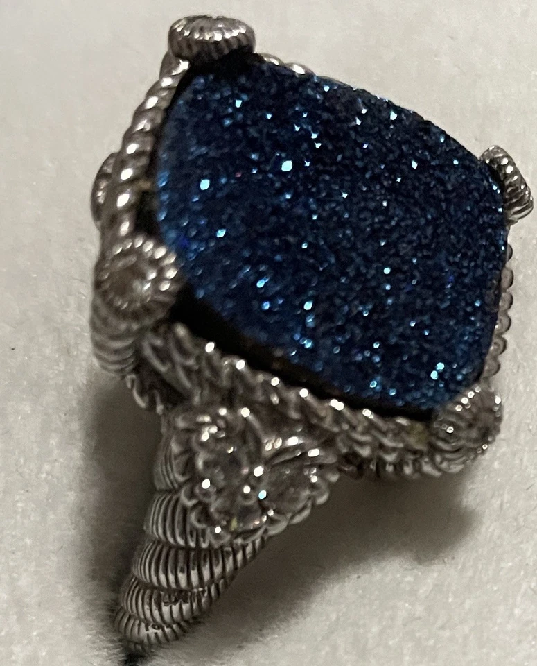 Judith Ripka 925 Sterling Silver Diamonique CZ Druzy Blue Quartz Agate Ring - Imagem 3 de 4