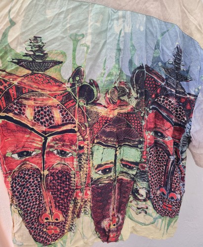 RARE Vintage Jams World 90s Hawaiian Shirt Tribal Mask Faces Mens L Button Up!
