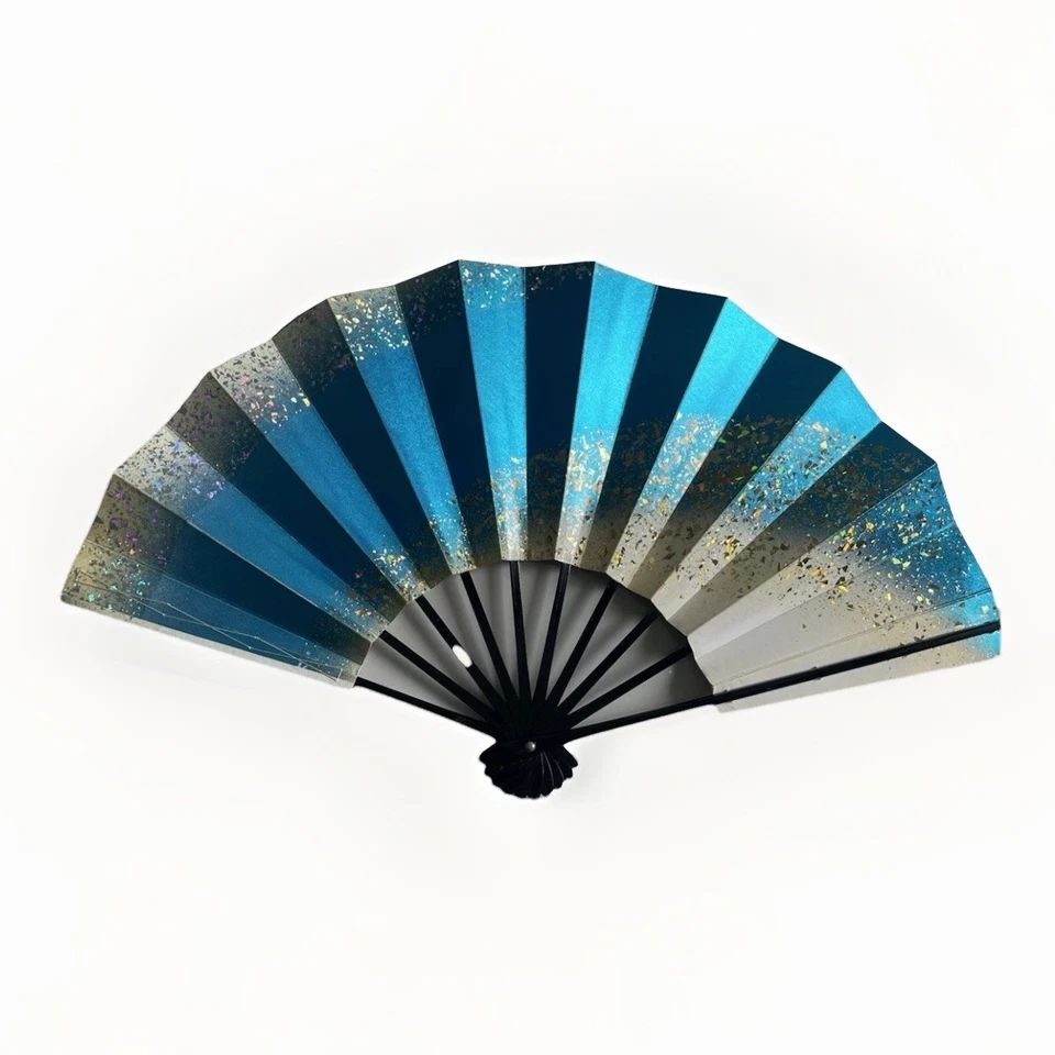 Vintage Dancing Folding Metallic Crinkle Paper Wooden Hand Fan Japan 20" - Image 2 of 4