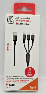 2GO - 3in1 USB Ladekabel für 3x USB-C - 1,5m Schwarz 971560