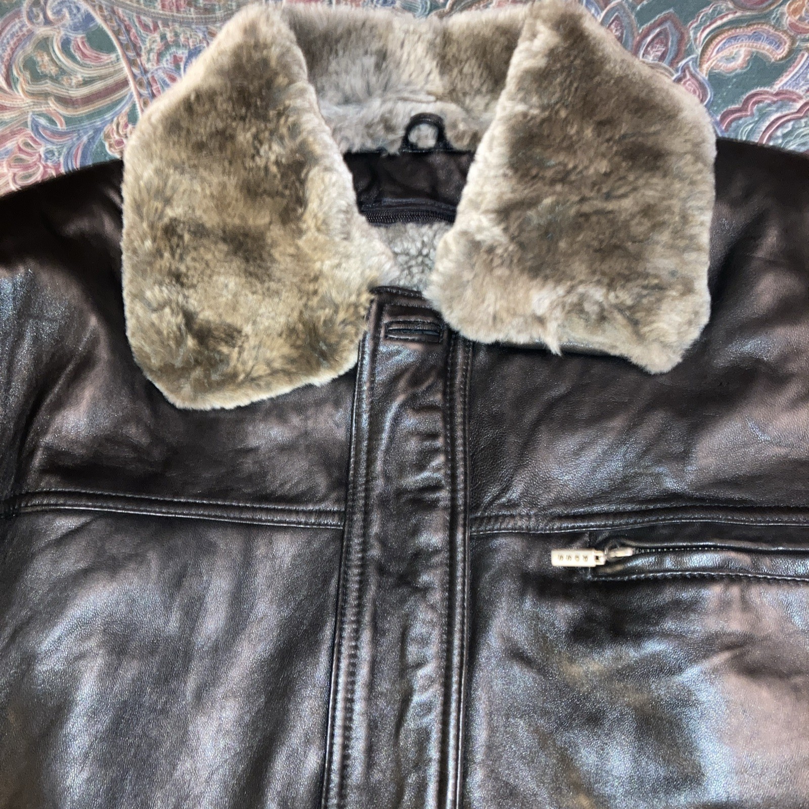 HUGO BOSS Black Leather Shearling Jacket Men’s Size XL (50)
