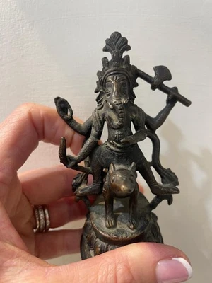 Antique Bronze Indian Ganesh Ganesha Riding An Animal Mouse Wisdom Strength - Image 1 of 4