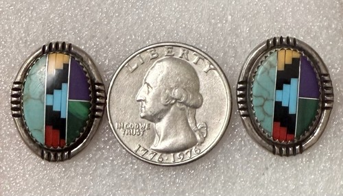 ZUNI Stamped Sterling Silver Multi Stone Mosaic Inlay Oval Post Back Earrings - Picture 13 of 14